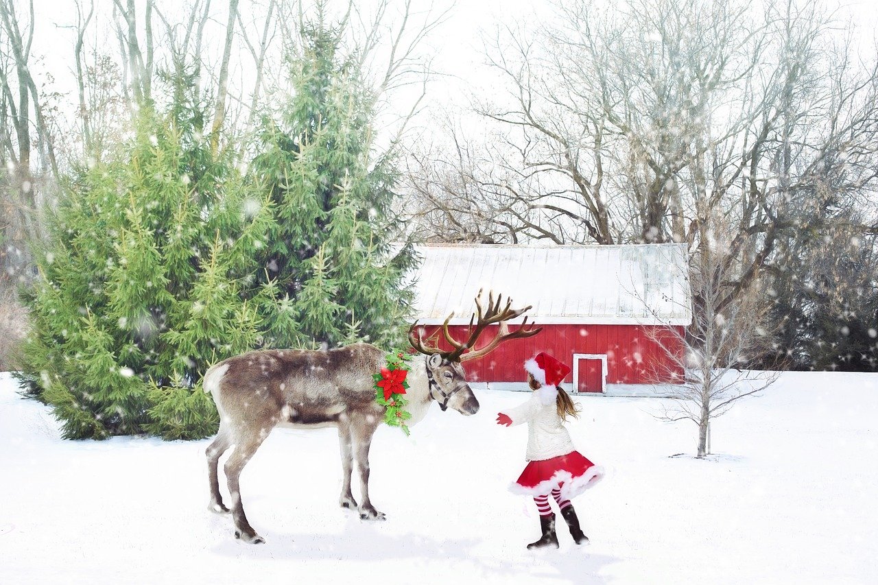 Magic of Christmas, girl with reindeer, winter scene